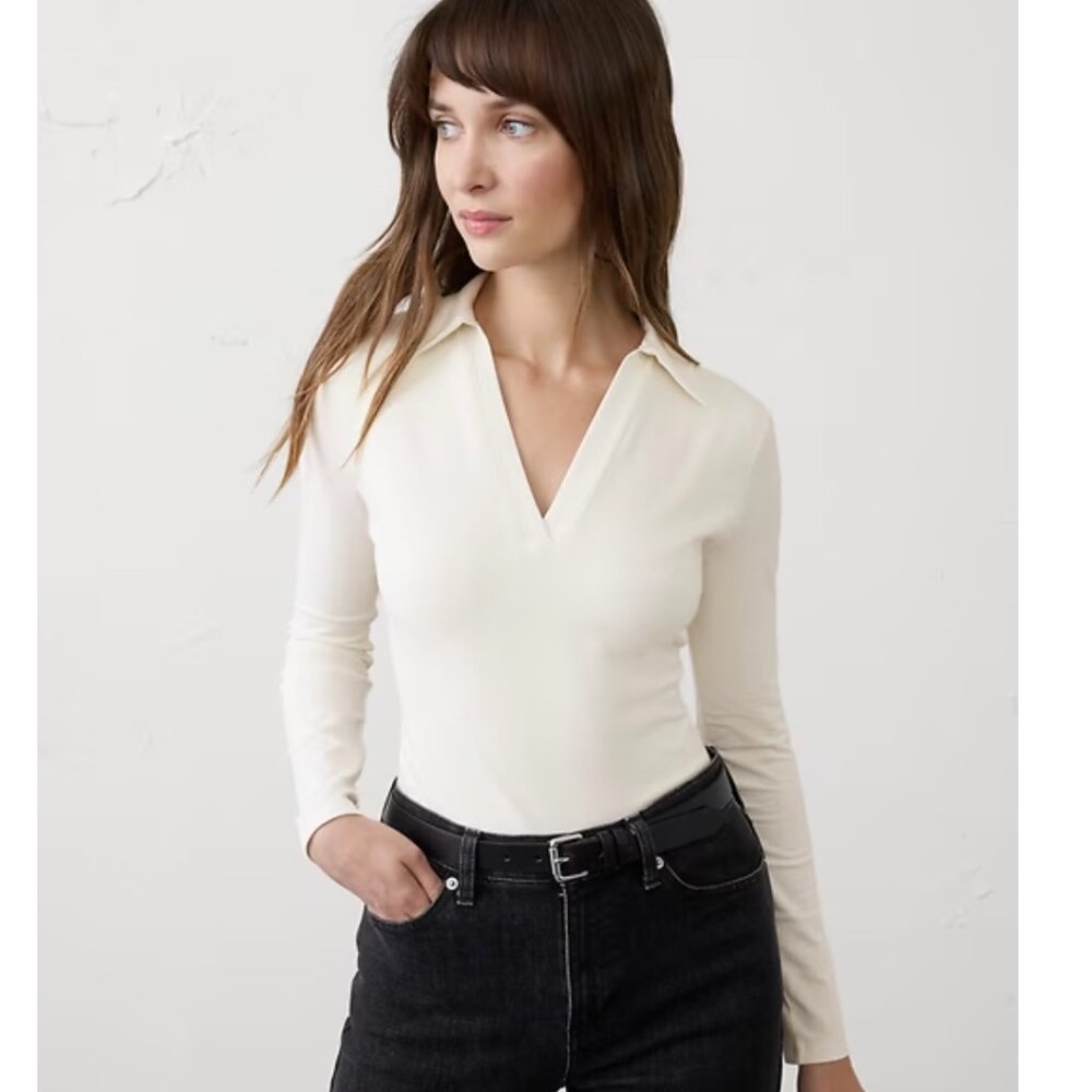 Banana Republic Cream Long Sleeve Polo V-Neck Top